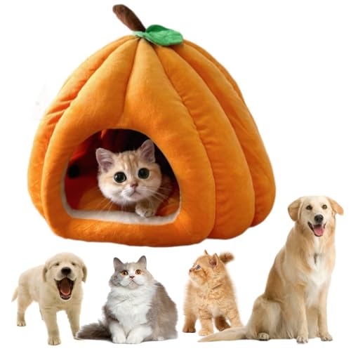 2024 Neues Kürbis-Katzenbett, Flauschiges Katzenbett mit Abnehmbarem Kissen, Katzenhöhle für Indoor-Katzen, Waschbar, Warme Schlafhöhle für Katzen und Kleine Hunde, Halloween-Design (Orange, L) von Recitem