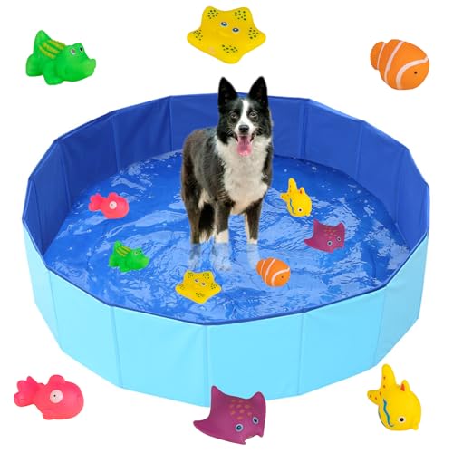 Recitem Faltbarer Katzen Pool mit Fisch Wasser Spielzeug, Tragbares Pool Spielzeug, Katzenpool Katzenspielzeug, Interaktives Wasserspielzeug, Hund planschbecken (H 8cm - Ø 50cm Blau) von Recitem