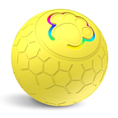 Recitem Ball Hund, Interaktives Hundespielzeug Intelligenz, Strapazierfähiger Automatisch Rollender Ball für Welpen/Kleine/Mittlere Hunde, USB Wiederaufladbar, Wackelball für Hunde (Gelb) von Recitem