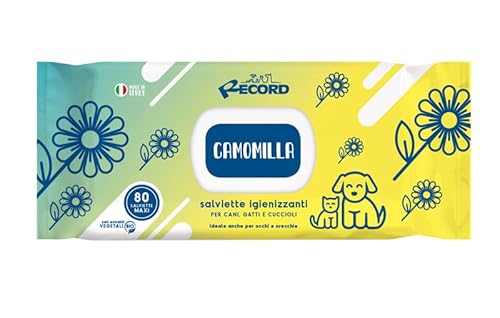 Record Feuchttücher für Hunde und Katzen, Hunde- und Katzentücher, 80 Stück – Packung mit 80 Stück – für Tierhaare, Pfoten und Augen, respektieren Haut und pH-Wert. Aroma Kamille von Record