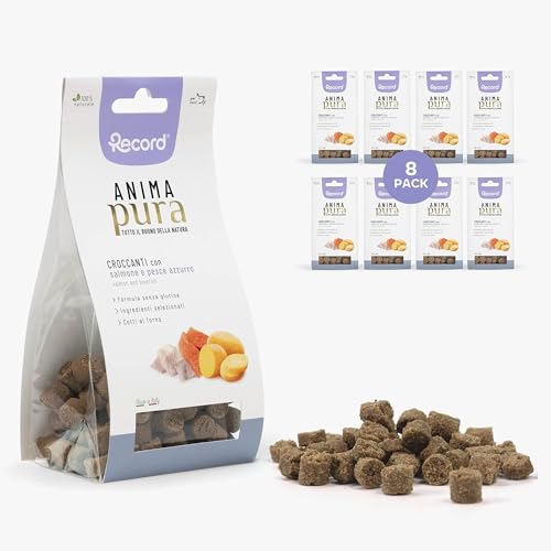 Record Glutenfreier Snack aus reinem Seele für Hunde, 100% natürlich. Gebackene natürliche Kekse mit Lachs- und Blaufischgeschmack. Made in Italy | Sparformat mit 8 Beuteln à 75 g von Record