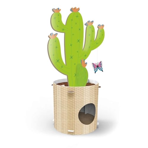 Record Kratzbaum Cactus 4-in-1-Funktion Kartonmaterial mit Catnip für Katzen | Farbe Havanna, Größe 35 x 90 cm von Record