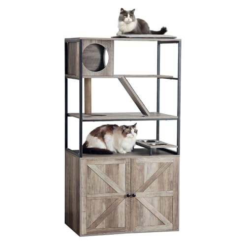 Redlife Kratzbaum mit Katzenklo Schrank, Kratzbaum Holz mit Lagerregal & Futternapfhalterung, Weiches Kissen auf der Oberseite, Multifunktions Kratzbäume für Katzen, 150x80x53 cm (Grau) von Redlifeᅟᅠ