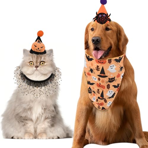 Redvigh Haustier-Halloween-Kostüme, 2 Sets, Haustier-Halloween-Kostüm, Anzug, Katze, Halloween, Bandana, Schal mit Hut für Katzen und Hunde, Partyzubehör von Redvigh