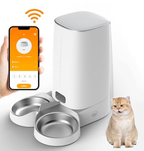 4L Futterautomat Katze, WiFi Intelligenter Katzenfutter Automat, APP-Steuerung, Zeitplan & Gewicht, Futterspender Katze mit Edelstahlnapf für Katzen/Hunde (WLAN, 2 Näpfe) von Reegaty