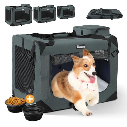 Reerooh Hundebox L 70x52x52cm, Faltbar Hundetransportbox Inkl.Hundenapf, Tragbare Hundetasche für Reisen, Hunde und Katzen Auto Haustiertransportbox (L, Grau) von Reerooh