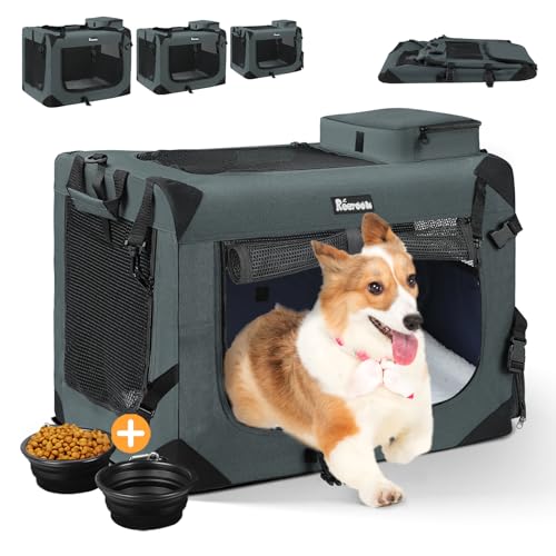 Reerooh Hundebox M 60x42x42cm, Faltbar Hundetransportbox Inkl.Hundenapf, Tragbare Hundetasche für Reisen, Hunde und Katzen Auto Haustiertransportbox (Grau, M) von Reerooh