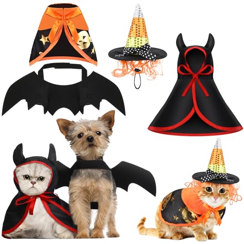 4 Stück Halloween Haustier Kostüm Katze Hund Zauberer Kostüm Vampir Teufel Umhang mit Hut Fledermaus Flügel Zauberer Hut Teufel Umhang Katze Kleine Hunde Outfits für Halloween Party Haustier Cosplay von Reginary