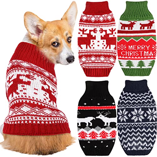 4 Stück HundeWeihnachtspullover Warm Strick Hundepullover Rollkragen Niedlich Weich Hundepullover Kostüm Rentier Schneeflocke Hund Weihnachten Outfit Kaltes Wetter Haustier Weihnachtskleidung für von Reginary