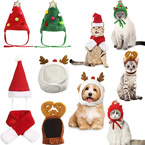 6 Stück Katze Weihnachten Outfit Katze Weihnachtsmann Hut mit Schal Niedlich Weihnachten Elch Geweih Rentier Katze Hut Grün Weihnachten Haustier Kostüm Verstellbare Welpe Hund Kappe für Katzen von Reginary