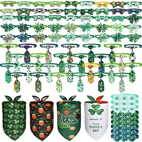 85-teiliges St. Patrick's Day verstellbare Hundebänder-Set mit Hundefliege, Hundehalsbänder, Blume, Hundehals, Krawatte, Hunde-Halstuch, Hundeschal, Zubehör für Welpen, Katze (Kleeblatt-Stil) von Reginary