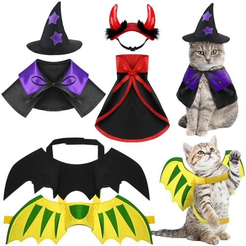 Reginary 6 Stück Halloween Katze Haustier Kostüm Hunde Kätzchen Outfits Hexe Teufel Vampir Fledermaus Umhang Flügel Drachenflügel Teufel Hut Kleidung Kätzchen Kleine Welpen Outfit für Halloween Party von Reginary