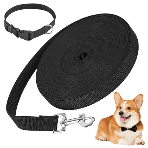 10M Schleppleine für Hunde, Schwarz Flexi Leine Lange Hundeleine mit Haustierhalsband, Robuste Nylon Hundeleine mit Handschlaufe und D-Karabiner, Übungsleine für Kleine bis Große Hunde von Reh:ncla