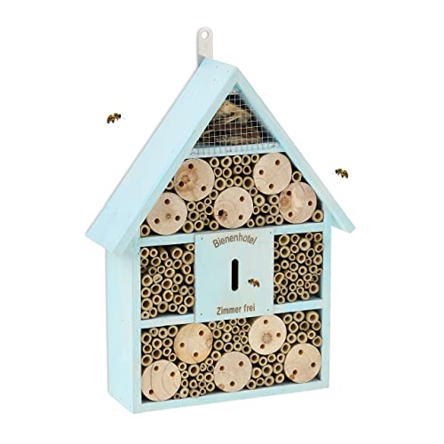 Relaxdays Bienenhotel, Nisthilfe Wildbienen, Garten, Balkon, Insektenhotel zum Aufhängen, Holz, HBT 38 x 29 x 9 cm, blau von Relaxdays