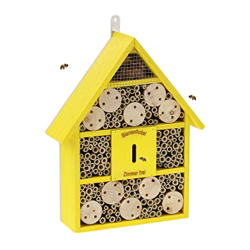 Relaxdays Bienenhotel, Nisthilfe Wildbienen, Garten, Balkon, Insektenhotel zum Aufhängen, Holz, HBT 38 x 29 x 9 cm, gelb von Relaxdays