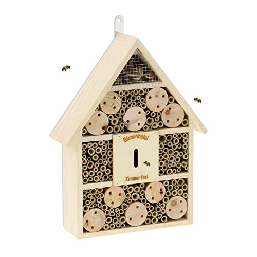 Relaxdays Bienenhotel, Nisthilfe Wildbienen, Garten, Balkon, Insektenhotel zum Hängen, Holz, HBT 38 x 29 x 9 cm, Natur von Relaxdays