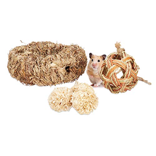 Relaxdays Hamster Zubehör Set 5 tlg., Grasröhre & 4 Bälle, Käfigzubehör Nager, Mäuse, Hamsterspielzeug Stroh/Gras, Natur von Relaxdays