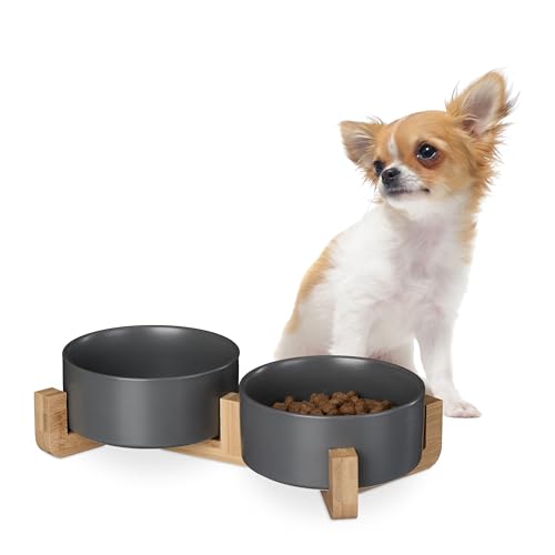 Relaxdays Hunde Napfbar Keramik, 850 ml, Futter & Wasser, Futternapf mit Bambus-Gestell, HxBxT: 9 x 32 x 17 cm, grau von Relaxdays