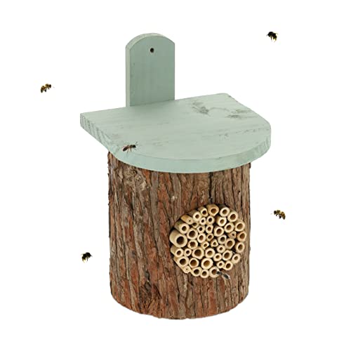 Relaxdays Insektenhotel, Nisthilfe für Wildbienen, HBT: 26,5 x 17 x 19 cm, Bienenhotel Garten & Balkon, Holz, Natur/grün von Relaxdays