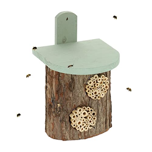 Relaxdays Insektenhotel, Nisthilfe für Wildbienen, HxBxT: 26,5x17x19 cm, Bienenhotel mit 2 Nistplätzen, Holz, Natur/grün von Relaxdays