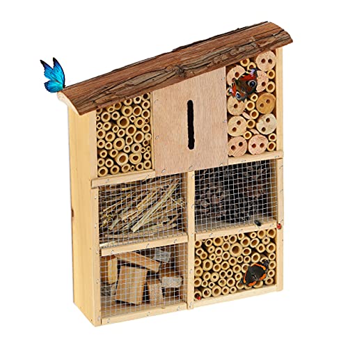 Relaxdays Insektenhotel, mit Schrägdach, Garten Nisthilfe Bienen & Schmetterlinge, Bienenhotel HxBxT 34x27,5x8 cm, Natur von Relaxdays