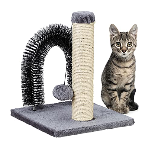 Relaxdays Katzen Kratzsäule mit Enthaarungsbogen, 2in1, Sisal Katzenbaum, Pflege und Spiel, Massagebogen, 37x30x30, grau von Relaxdays