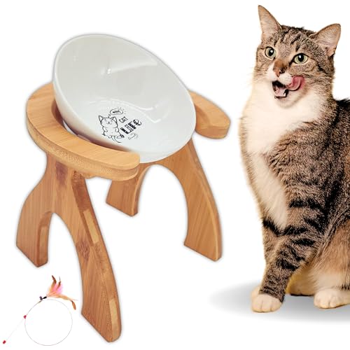 RÊNASCI® Erhöhter Futternapf für Katzen, Keramik, Bambusholz, Tierfutter, verstellbarer geneigter Winkel (Schnurrturm) von Rênasci