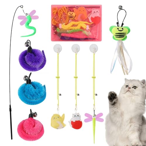 Renopfect Katzenfeder, Katzenfederspielzeug,Cat -Retractable Teaser Interactive Toys - 9X Haustiervorräte mit Bell & Catnip, Indoor -Spiele für Kätzchen -Trainingspiele von Renopfect