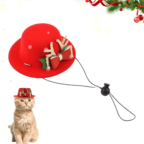 Weihnachtsmützen mit Fliege, Hirschmuster, Fliege, Hundehüte, Haustiermütze, niedliches Haustierkostüm, weich, verstellbar, Weihnachtsschmuck für Hund und Katze von Renywosi