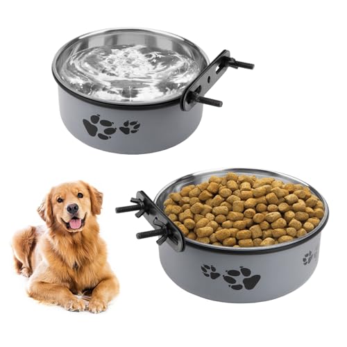 Reshiho Hundenäpfe für Hundekäfige, Edelstahl, auslaufsicher, hängende Hundenäpfe, Wasser- und Futter, Hundenäpfe für mittelgroße und große Hunde (Grau, M (14 cm + 16 cm) von Reshiho