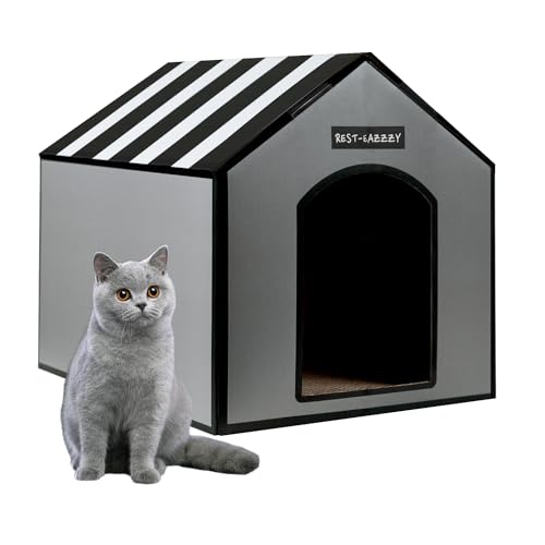 Katzenhaus aus Karton, 1 Würfel für Indoor-Katzen mit Kratzunterlage (35,6 cm L x 30,5 cm B x 33 cm H), robuster Karton, einfach zu montieren, Doppelzimmer, Spielhaus und Heimdekoration, für Katzen, von Rest-Eazzzy