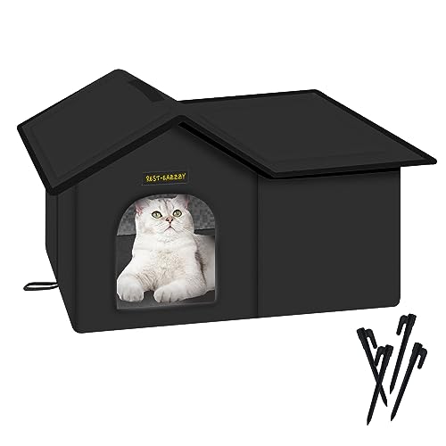 Rest-Eazzzy Katzenhaus für Katzen im Freien, wetterfestes und isoliertes Feral Katzenhaus mit Matte und Clip, einfach zusammenzubauen, selbstwärmendes Katzenhaus für den Winter (Schwarz, wasserdichtes von Rest-Eazzzy