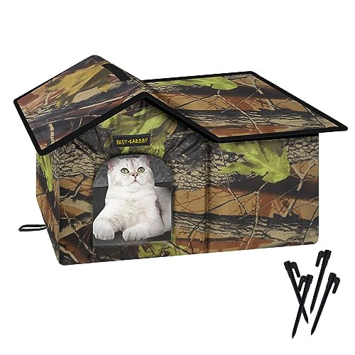 Rest-Eazzzy Katzenhaus für Outdoor-Katzen, wetterfestes und isoliertes Wildkatzenhaus mit Matte und Clip, einfach zusammenzubauen, selbstwärmender Katzenschutz für den Winter (Baum, wasserdichtes von Rest-Eazzzy