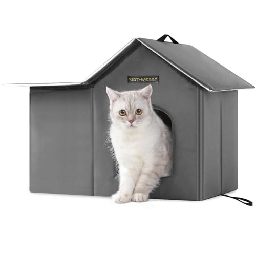 Rest-Eazzzy Katzenhaus für den Außenbereich, Feral Katzenhaus isoliert mit Matte und Clip, wetterfest und isoliert, Katzenbetten für Katzen, Kätzchen, Welpen, nie wegblasen (grau, M 33x43.2x50.8 cm) von Rest-Eazzzy