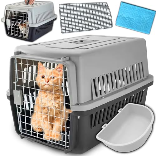 Retoo Transportbox für Katze, Hund und andere Haustiere, 48x31x30 cm, mit praktische Tränke und Matte enthalten, ergonomischem Griff, sicherem Verschluss, aus ABS-Material, robust und langlebig von Retoo