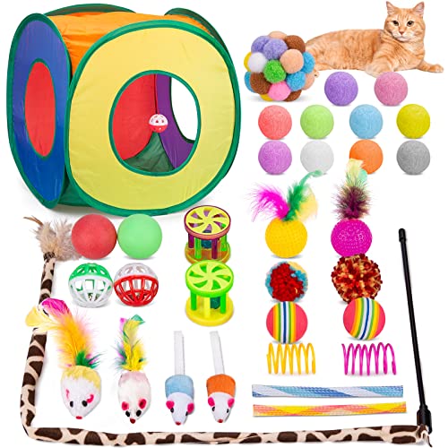 Katzenspielzeug-Set, 33 Stück, interaktives Katzenspielzeug für Indoor-Katzen mit zusammenklappbarem Katzenspieltunnel Tube Katzenfederstab Teaser Regenbogen Katze Glockenbälle Fuzzy Ball Springs Maus Spielzeug für Katze Kitty von Retro Shaw