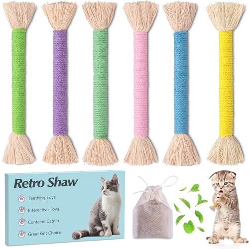 Retro Shaw Kätzchenspielzeug mit Katzenminze, Kauseil, sicheres Zahnreinigungsspielzeug für Indoor-Katzen, interaktives Katzenspielzeug für kleine Katzenminze, 6 Stück von Retro Shaw