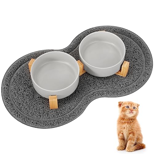 Revivoer Katzennapf Set Futternapf Fressnapf Keramik, Trinknapf Set mit Massivholz Ständer mit Holzständer, 2 Stück 400ML Erhöhter Fressnapf und rutschfeste Katzennäpfe (Grau) von Revivoer