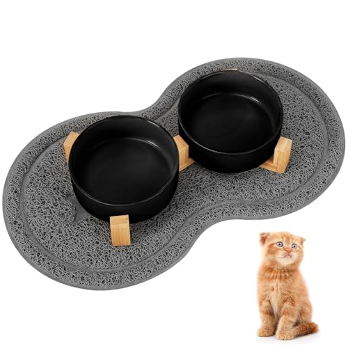 Revivoer Katzennapf Set Futternapf Fressnapf Keramik, Trinknapf Set mit Massivholz Ständer mit Holzständer, 2 Stück 400ML Erhöhter Fressnapf und rutschfeste Katzennäpfe (Schwarz) von Revivoer