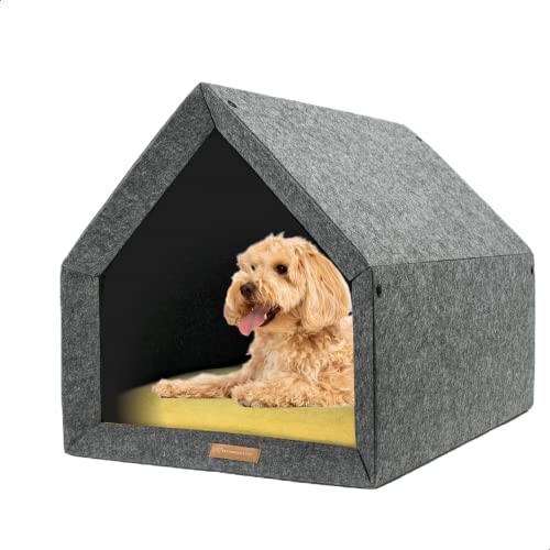 Rexproduct - PetHome Hundehütte mit Liegefläche und Dach I Biss- und Kratzfest I Gute Schalldämmung I Umweltfreundlich & Einfach zu Montieren I Größe S (60x42x43 cm) - Dunkelgrau und Gelb von Rexproduct