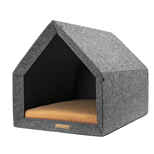 Rexproduct - PetHome Hundehütte mit Liegefläche und Dach I Biss- und Kratzfest I Gute Schalldämmung I Umweltfreundlich & Einfach zu Montieren I Größe S (60x42x43 cm) - Dunkelgrau und Orange von Rexproduct