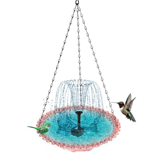 Reykentu Hängende Vogeltränke mit Solarbrunnen Solar Vogeltränke Springbrunnen Hängende Vogeltränke für Draußen Rosa von Reykentu