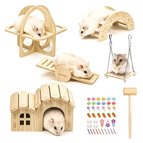 5 Stück Hamster Spielzeug aus Holz, Hamster Versteck Haus DIY Brücke Wippe Schaukel und Trainingspielzeug Käfig Dekor Zubehör Hamster Spielplatz für Rennmäuse Ratten und Zwerghamster von Reyshin