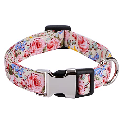 Rhea Rose Niedliches Hundehalsband mit Rosen- und Sonnenblumen-Gänseblümchen-Muster für Mädchen und Jungen, gebrochenes Weiß, Größe L von Rhea Rose