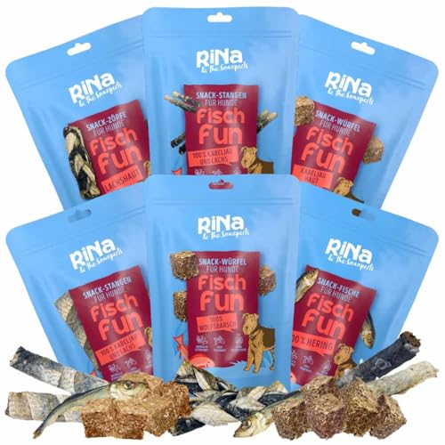 RiNa Getrockneter Fisch Probierpaket 6 Sorten | Hunde-Snack, Leckerli, Hundekuchen | 100% Fisch | Omega-3 | Förderung der Gesundheit | Für gesunde Haut & glänzendes Fell | Gut für Herz & Kreislauf von RiNa & the Snaxperts