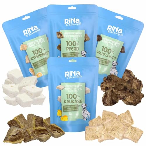 RiNa Rohfutter to go Probierpaket: 4 Sorten - Hunde-Snack, Leckerli, Hundekuchen - 100% Rohfutter - Entenbrust, Pferd, Wildfleisch, Kaukäse von RiNa & the Snaxperts