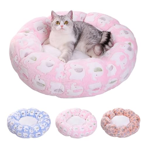 RiRaku Neues Haustier Blumennest Katze Nackenschutz Plüsch Katzennest warm vier Jahreszeiten universelle runde Haustiermatte (Farbe: rosa Elefant, Größe: 40 cm) von RiRaku