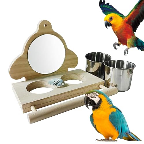 Parrot Perch, Parakeet Food Water Feeder, Bird Parrot Perch with Mirror, Parakeet Feeding Cups, Cage Play Toy for Birds, Lovebird Parakeet Perch, Conure Perch with Mirror, Parrot Perch with Feeding von Riaisttd