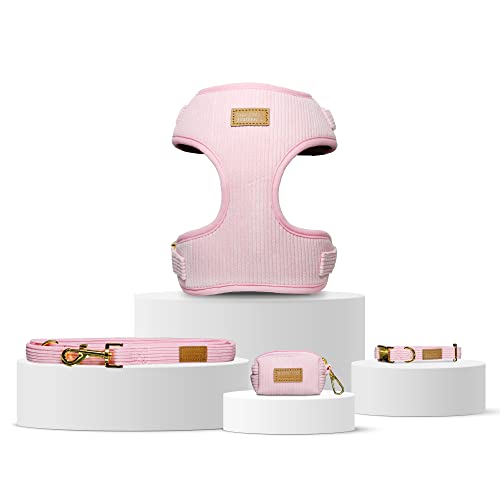 Rich Pooch Boutique Luxury Dog Banks Harness Set in Light Pink – Light Pink Cord, Gepolstertes Geschirr, Halsband, Leine und Kothalter, Set für kleine, mittelgroße und große Hunde, inklusive Kotbeutel von Rich Pooch Boutique