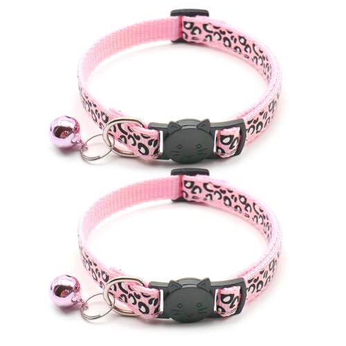 Richeng Reflektierendes Katzenhalsband mit Glöckchen, Leopardenmuster, niedliches Kätzchen, verstellbar, 19,1 - 32,5 cm, sicheres Kätzchen-Halsband, Charm-Anhänger (Rosa), 2 Stück von Richeng